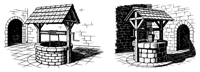Hand drawn woodcut style illustration of an ancient stone wishing well in a castle courtyard © Amelia