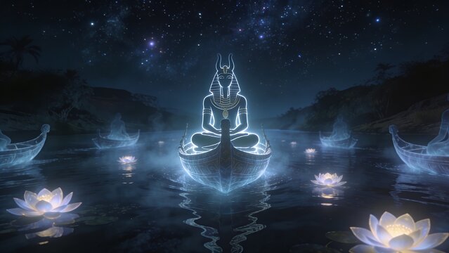 Osiris silhouette on ghostly boat with glowing lotus flowers on star-filled river underworld