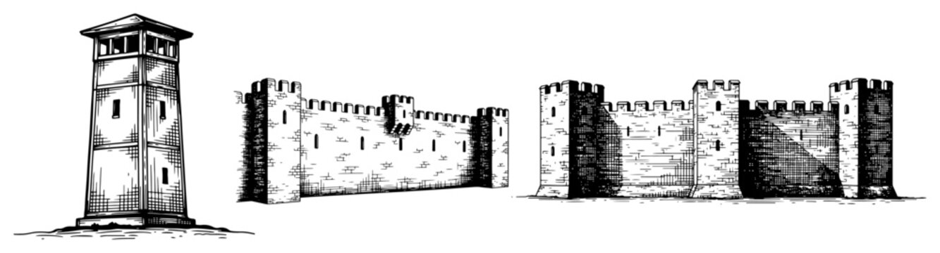 Detailed woodcut illustration of a medieval stone watchtower and sections of fortified castle walls