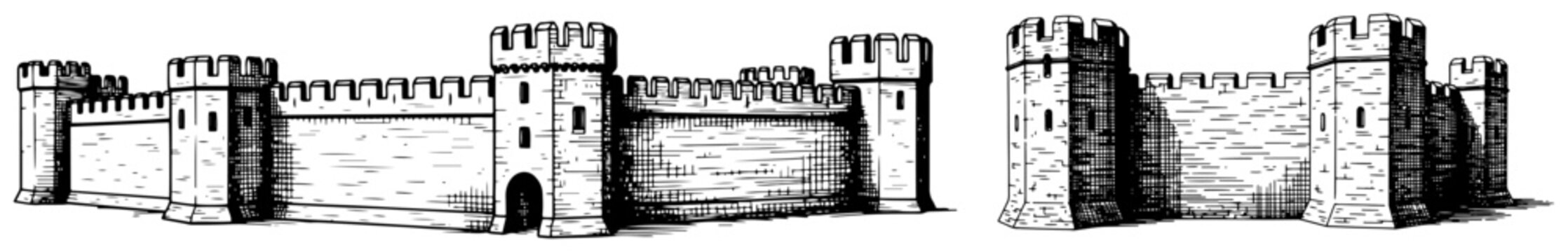 Horizontal woodcut illustration of a long medieval stone fortress wall with defensive towers and gate