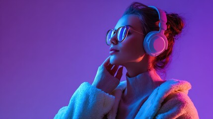 Naklejka premium Retro club mood portrait: headphones, purple backdrop, and blue neon glow