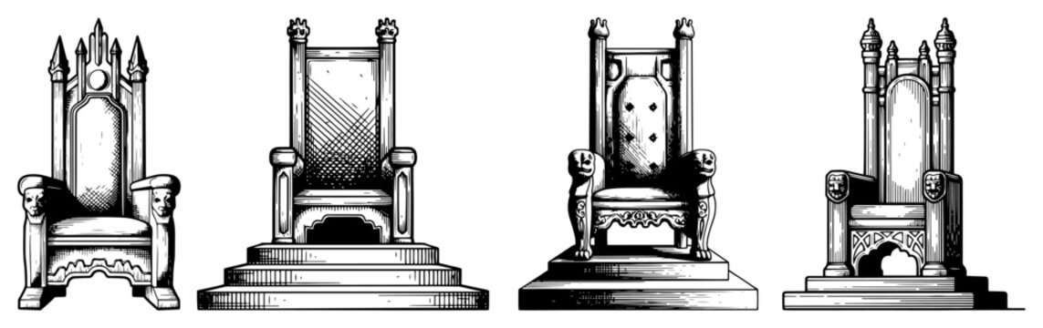 Collection of ornate medieval thrones and royal chairs in woodcut style