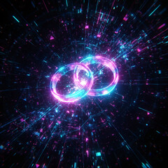 Obraz premium Glowing neon rings on a dynamic digital abstract background with geometric shapes, light effects and futuristic energy.