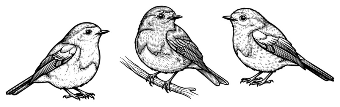 Collection of three small robins or round songbirds in a detailed woodcut engraving style