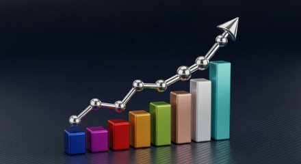 Colorful bar graph with silver arrow pointing upward, on a dark lined surface, depicting financial growth, profit, and economic improvement