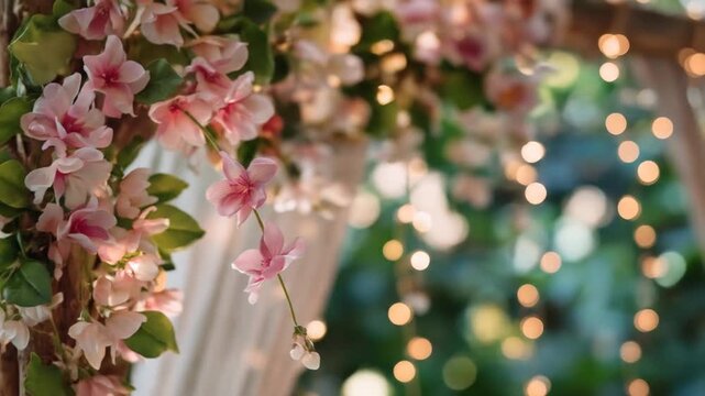 Elegant pink flowers and warm string lights create a romantic floral arch with bokeh background, perfect for wedding or event decor.