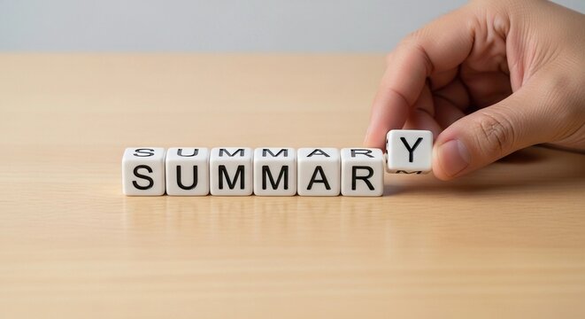 A hand places the letter 'Y' cube to complete the word 'SUMMARY' spelled out with white letter blocks on a light wooden table, symbolizing summarization and completion.