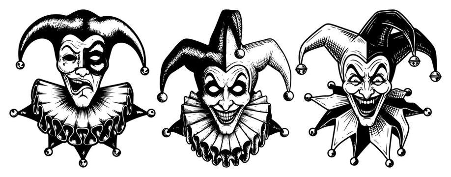 Set of sinister jester masks with evil smiles in vintage engraving style