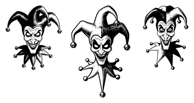 Set of three menacing medieval jester faces with twisted expressions in detailed linocut style