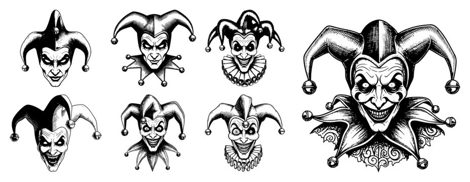 Collection of creepy evil jester heads with sinister smiles in vintage woodcut style
