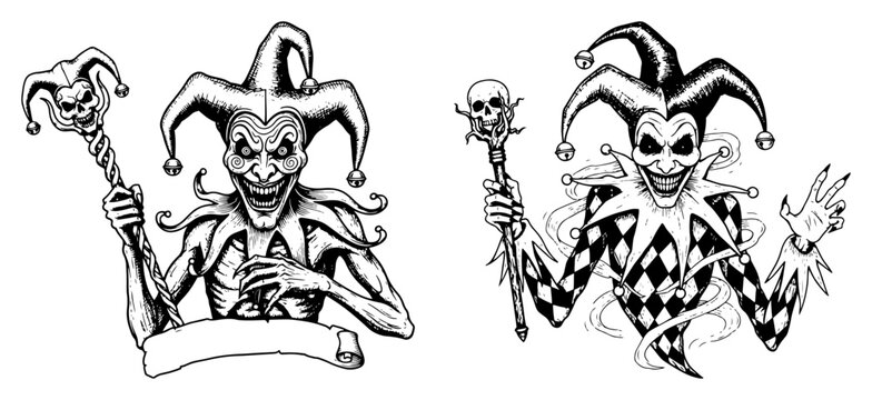 Sinister medieval jesters holding skull scepters in a traditional black and white woodcut style