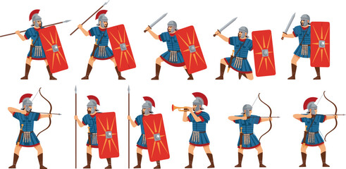 Ancient Roman soldier vector illustration set featuring legionary warriors with shields swords spears bows and trumpets in action poses © Mst