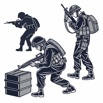 Soldiers with guns and backpacks in tactical positions