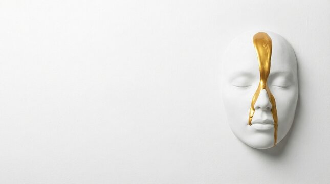 Minimalist plaster face with flowing gold paint on white background