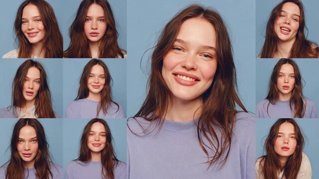 Smiling young woman portrait surrounded by multiple facial expressions grid representing mood diversity personality spectrum beauty and contemporary lifestyle theme