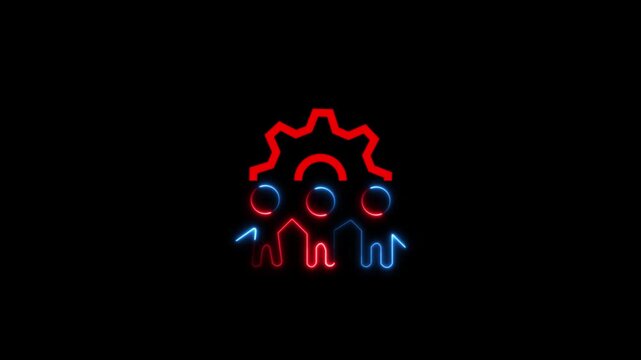 abstract man with setting icon animation on black background. people collaborating on a large piece of equipment Suitable for teamwork concepts man and setting neon line icon isolated on black.4k 