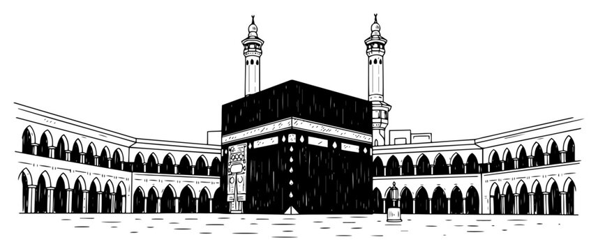 Detailed sketch of the Holy Kaaba in Mecca with the surrounding Grand Mosque architecture