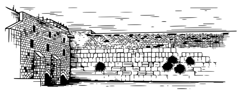 Artistic hand drawn sketch of the Western Wall in Jerusalem showing the ancient stone construction