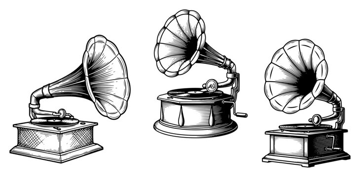 Collection of old fashioned gramophones and antique phonographs with horn speakers in vintage sketch style