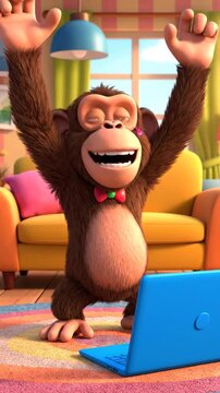 Curious cartoon monkey using a blue laptop in a colorful room