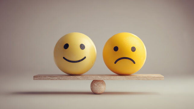 Emotional Balance: Smiling and Crying Emojis on a Scale, Symbolizing Mental Health Awareness
