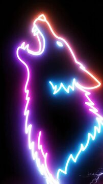 Vibrant neon wolf howling on a black background