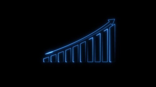 Blue Neon Bar Graph With Upward Arrow On Black chart