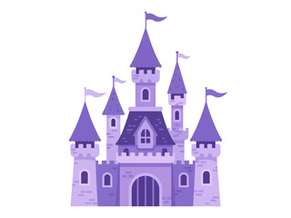 Obraz premium Flat purple fairytale castle with tall towers and flags white background fantasy