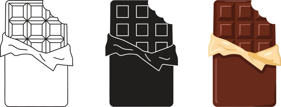 Set of three chocolate bar icons including outline silhouette and full color perfect for food branding and design