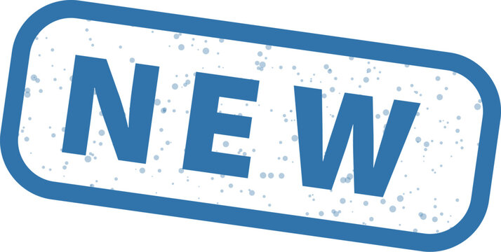 Attention grabbing blue rectangular stamp graphic featuring the bold capitalized word new with a distressed grunge effect isolated on white background for marketing.