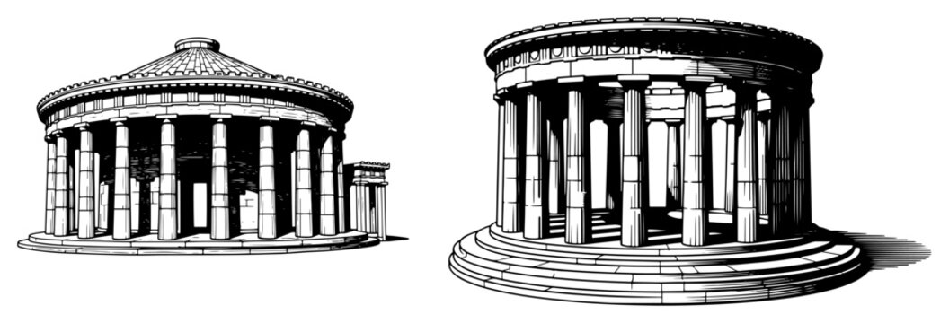 Hand drawn sketch of an ancient circular tholos temple with columns