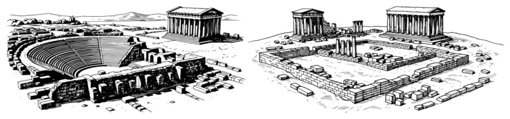 Ancient roman amphitheater and greek temple ruins in monochrome style