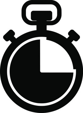 Black and white stopwatch icon with a three quarter progress indicator on a white background.
