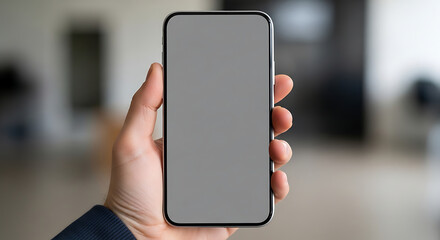 Hand holding modern smartphone with blank grey screen, office background