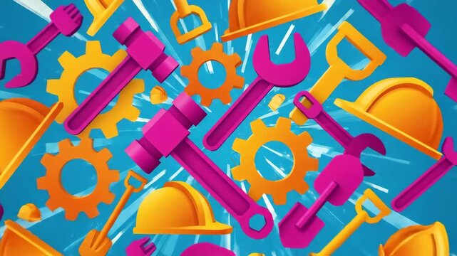 Construction and building tools animation background featuring hard hats gears wrenches and hammers with a vibrant cartoon style