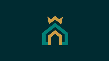 Modern geometric house with crown logo design. Elegant teal and gold real estate icon concept.