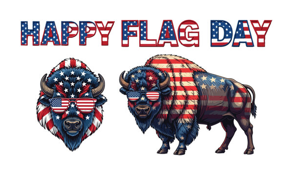 American bison in patriotic attire celebrating Flag Day with sunglasses.