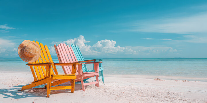 Summer Beach Party: Colorful Chairs, Hat, Blue Sea, Vintage Pastel, Retro Banner