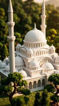 Miniature white mosque model with domes and minarets in golden light