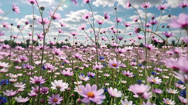 dreamlike field of pink purple and blue flowers swaying gently in breeze | tranquility, relaxation, beauty, nature, spring theme