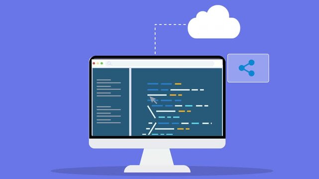 Animated computer monitor displaying programming code connected to cloud sharing interface, representing software development, cloud computing, and online data sharing technology.
