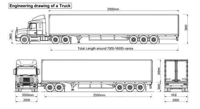 Blueprint of a semi-trailer truck with technical dimensions