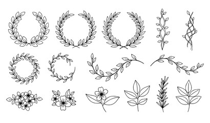 Obraz premium Elegant hand-drawn wreaths and leafy branches vector icons