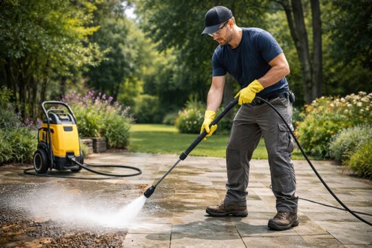 A man uses a pressure washer to clean a stone patio in a lush garden setting.