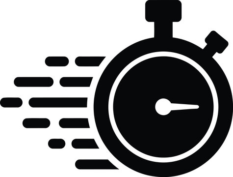 Black stopwatch icon with motion lines representing speed, fast delivery, and time management.