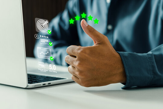 Businessman showing thumbs up gesture to a holographic five-star rating, customer feedback bubbles, and performance analytics. Ideal for excellent service, customer satisfaction, and CRM