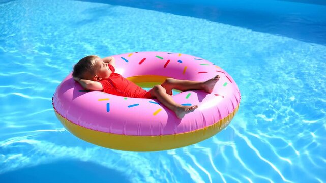 Child Floating Happily. Child Rests On Pink Flotation Device Enjoying Peaceful Summer Pool Experience