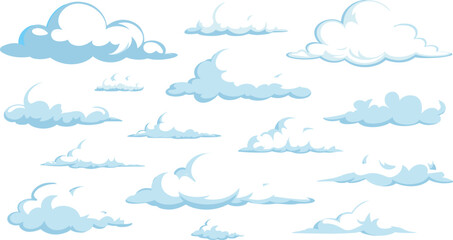 Cute cartoon cloud collection, blue white fluffy sky clouds vector set, weather background elements pack for kids design illustration graphic