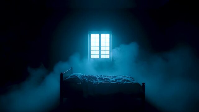 Dark Bedroom with Single Bed and Bright Window Light Shining Through Misty Blue Atmosphere at Night
