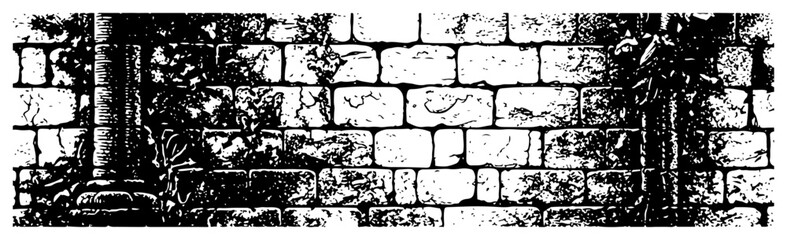 Naklejka premium Vintage stone wall texture with architectural column and climbing plants in woodcut style